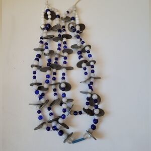 Otavalo 3 Strand Trade Bead Glass & 5 Centavo Coins Necklace Blue & White 24"